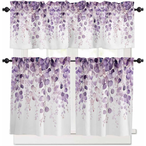 Purple Eucalyptus Kitchen Curtains Rod Pocket 3-Piece Set