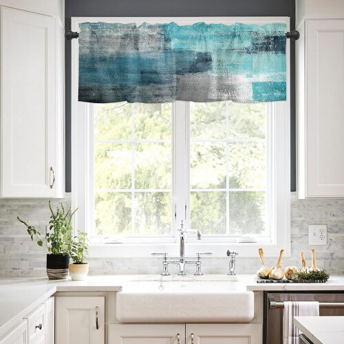 Abstract Turquoise Grey Curtains 3 pcs Rod Pocket 2