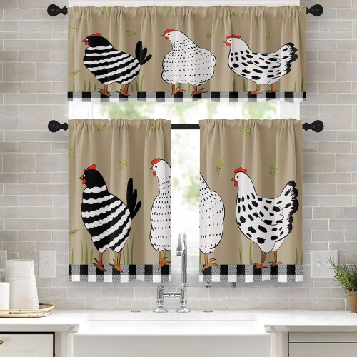 Rooster Kitchen Curtains Set Black White Chicken Design 36