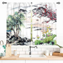 Asian Ink Painting Curtains Cherry Blossom Mountain 55x39
