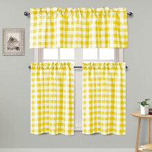 Semi Sheer Kitchen Curtains Set Buffalo Plaid Yellow White