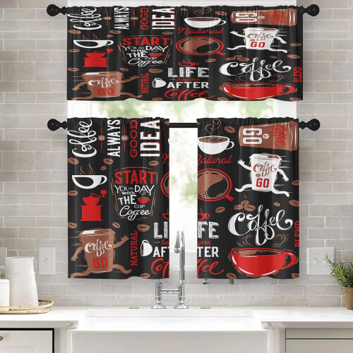 Coffee Kitchen Curtains Set Black Red 36 inch Rod Pocket