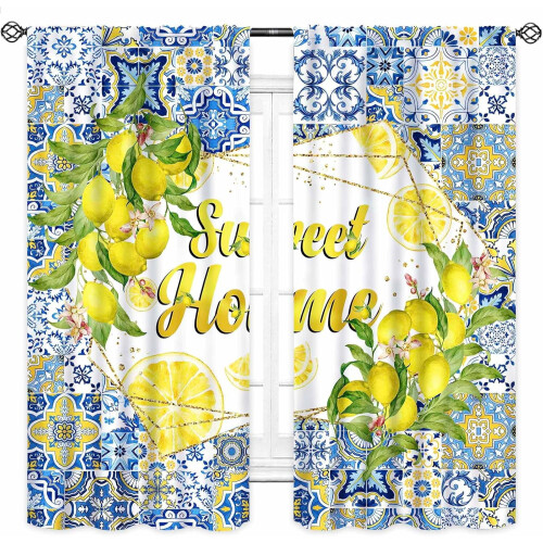 Lemon Kitchen Curtains Retro Blue Tiles Fruit Leaves Design 2