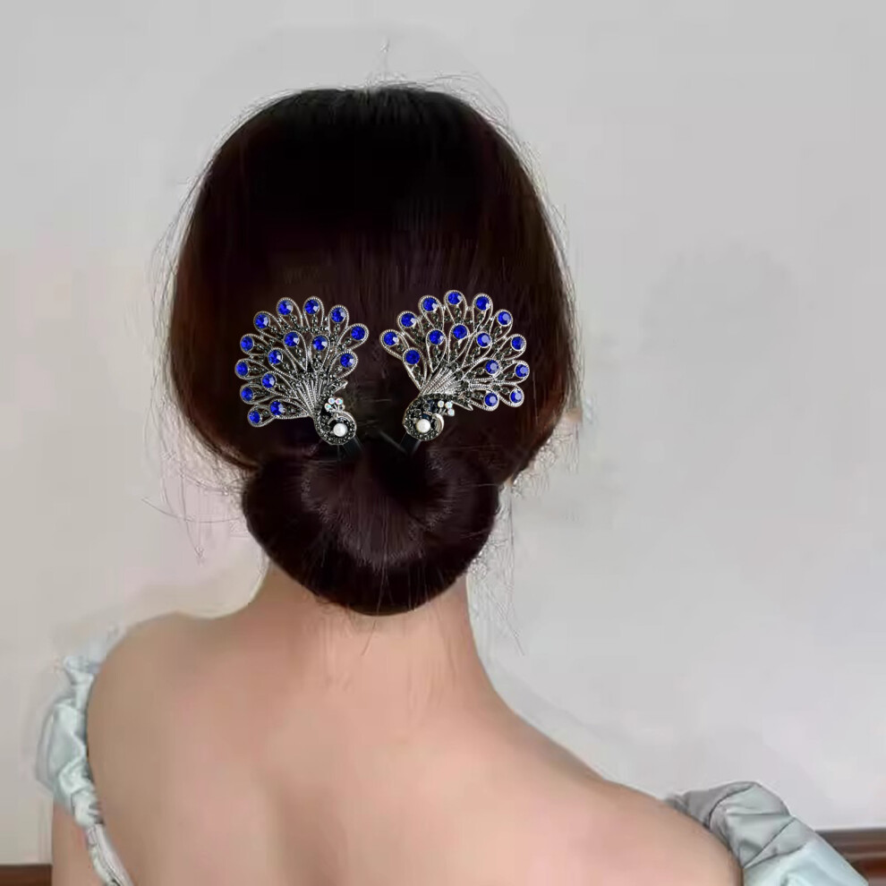 Zhouq-Outdoors (Peacock Bun Blue Pearl T4015) Peacock Hair Clip - Rhinestone Alloy Updo Bun Maker (50 Chars)