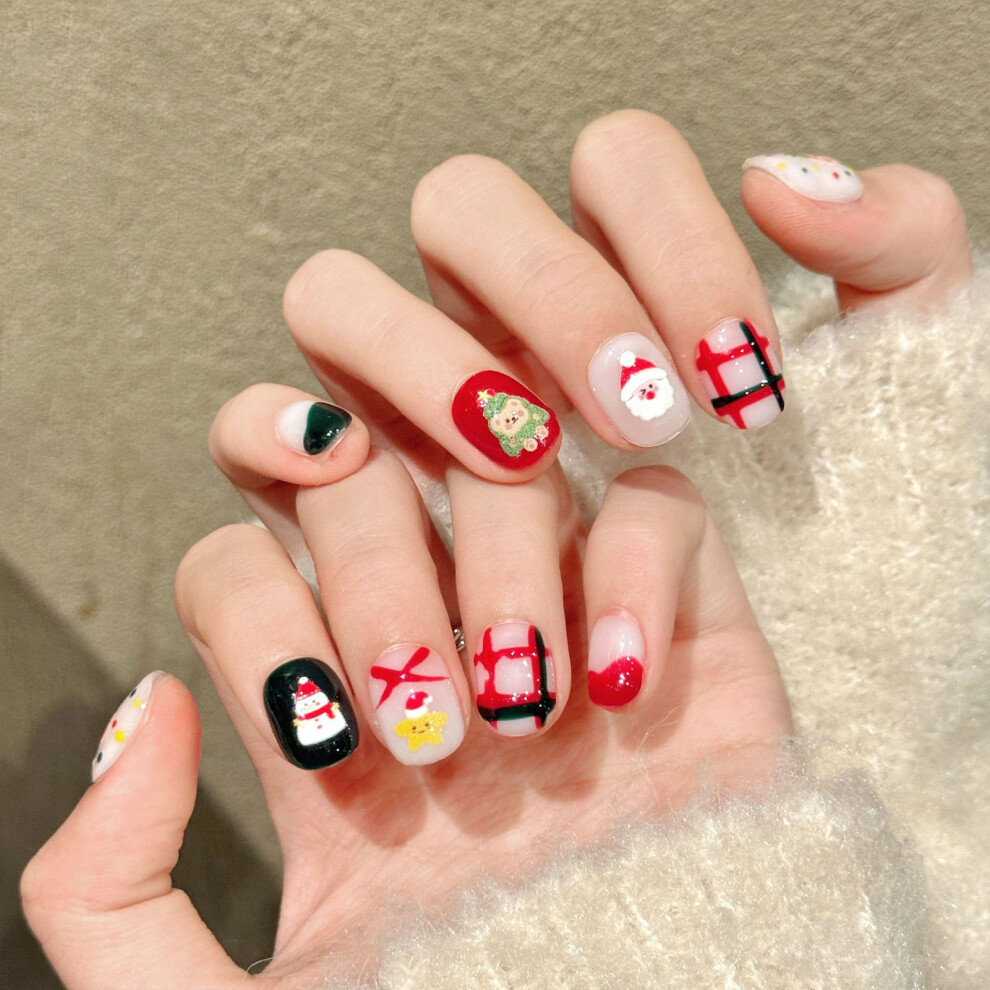 Zhouq-Outdoors (Xs) Festive Bear Press-On Nails, 10Pcs Holiday Gift