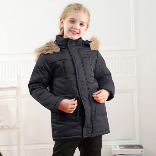 Kids Puffer Jacket Hooded Zip-Up Solid Color with Pockets 2
