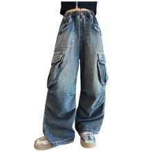 Girls' Heart-Embroidered Denim Jeans Size 9-10 Blue