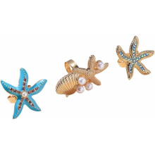 Gold-Plated Shell Pearl Starfish Rings Set Women 3 Pcs