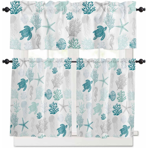 Turquoise Coastal Kitchen Curtains and Valances Set 36 inch 1