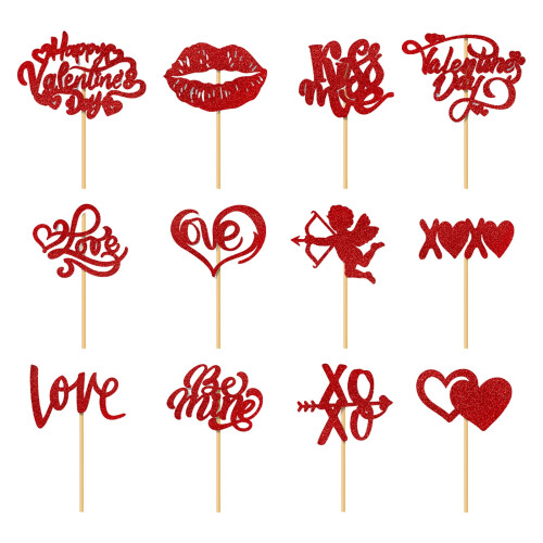 Valentine Cupcake Toppers Glitter Heart 12 pcs