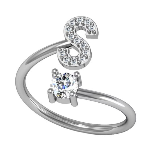 Women's Stainless Steel Initial Letter Ring with Cubic