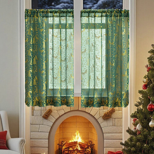 Christmas Curtains Red Sheer Short 1 Pair