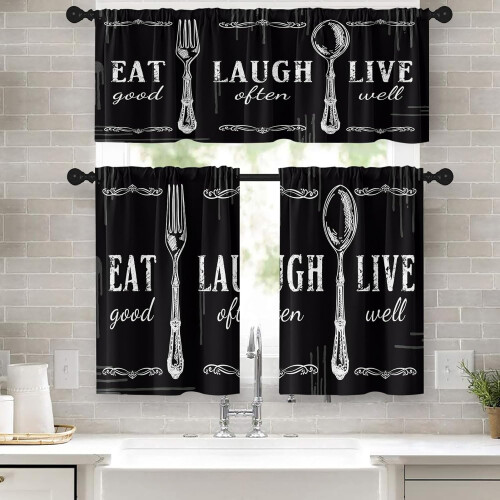 Farmhouse Kitchen Curtains Set Black White Abstract 36 inch