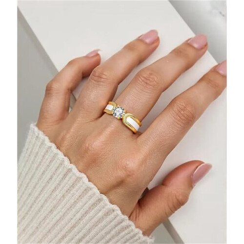 Women's Stainless Steel and Ceramic Wedding Ring with Cubic 1
