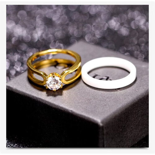 Women's Stainless Steel and Ceramic Wedding Ring with Cubic 2