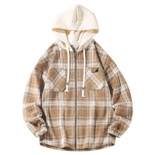 Men's Plaid Hooded Jacket Khaki Loose Fit Autumn Outerwear