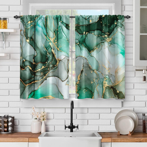 Marble Kitchen Curtains Emerald Green Jade Gold Abstract
