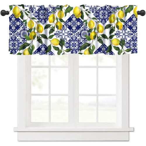 Lemon Floral Window Valance Blue Tile Print 54x18 Inch