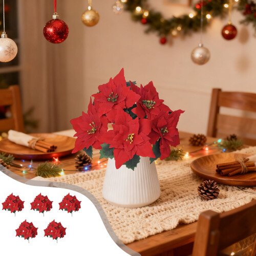 Red Plastic Poinsettia Flowers Flexible 35cm