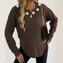 Women's Solid Floral Sweater Round Neck Long Sleeve Knit Top