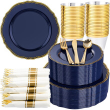 Blue and Gold Plastic Plates Set 350 Pieces