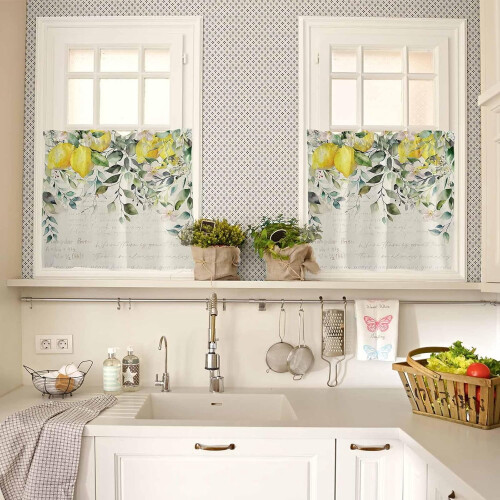 Lemon Floral Kitchen Curtains Sage Green 3-Piece Set 2