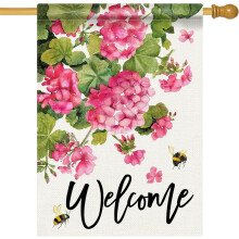 Geranium House Flag Pink Floral Bees 28x40 Inch
