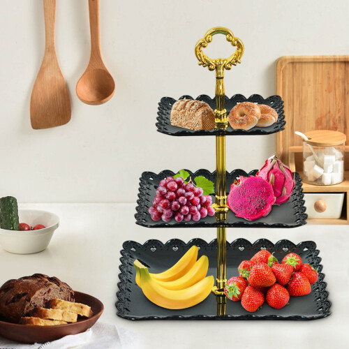 3-laags vierkante cupcake standaard wit met reliëf (1 set) 2