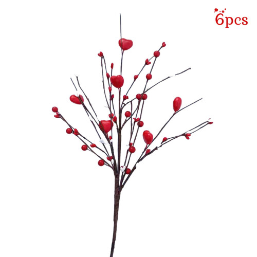 Artificial Red Berry Flower Stems Heart Shape 6 Pcs