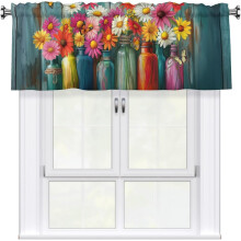 Floral Curtain Valance Blue Wood Plank Daisy Toile 54x18in