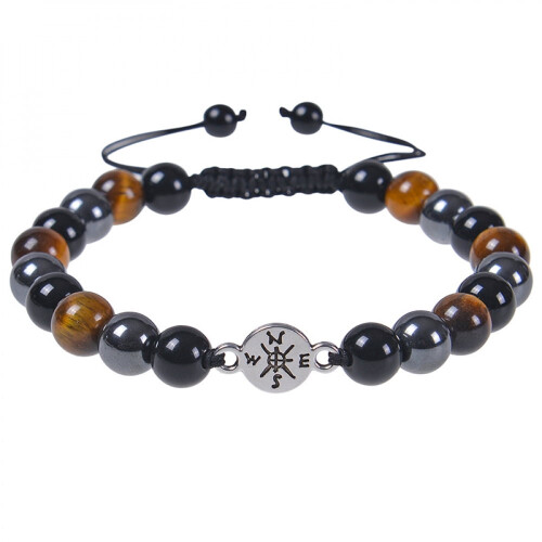 Βραχιόλι με πυξίδα Tiger Eye με φυσική πέτρα και μαύρες χάντρες 1