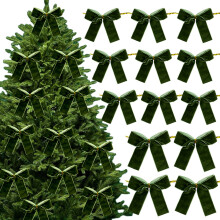 Velvet Christmas Tree Bows Green 3.35 Inch 12 Pack