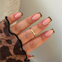 French Tip Press-On Nails Short Square Glossy Leopard Print