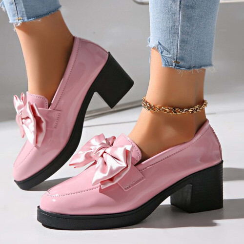 Γυναικεία Loafers από PU δέρμα με φιόγκο και στρογγυλή μύτη και χοντρή σόλα 1