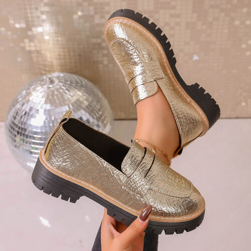 Γυναικεία Loafers από PU δέρμα με στρογγυλή μύτη και χοντρή σόλα, χαμηλό τακούνι 1