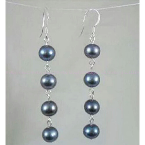 Black Pearl Earrings Natural 7-8mm 4 Beads Silver Hook 1