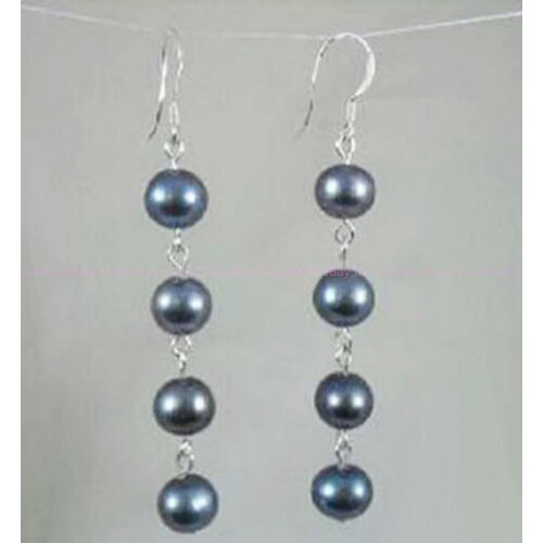 Black Pearl Earrings Natural 7-8mm 4 Beads Silver Hook 2