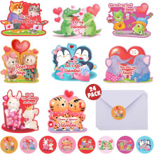 Kids Valentine Cards for School – 24 pcs, 8 animal