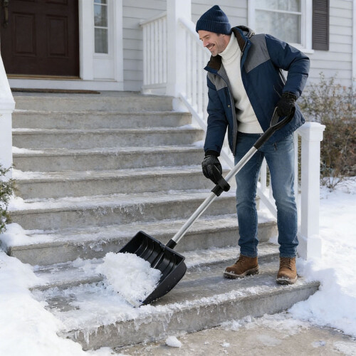 Orange heavy-duty plastic snow shovel – wide, detachable, 2