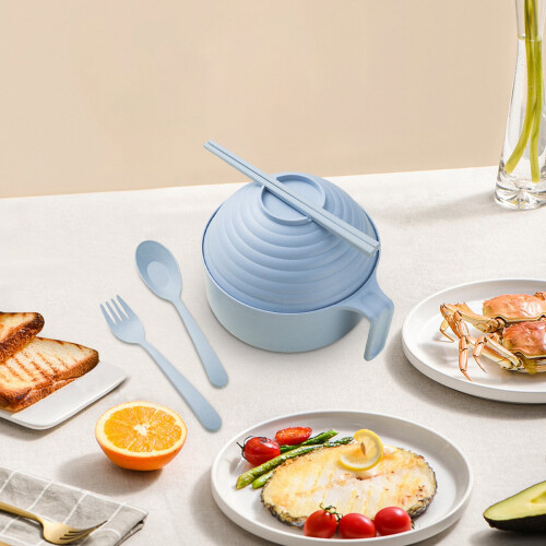 Ensemble de bols à ramen bleus compatibles micro-ondes avec couvercle et poignée 2