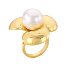 Women's Stainless Steel Vintage Flower Pearl Ring Gold Size