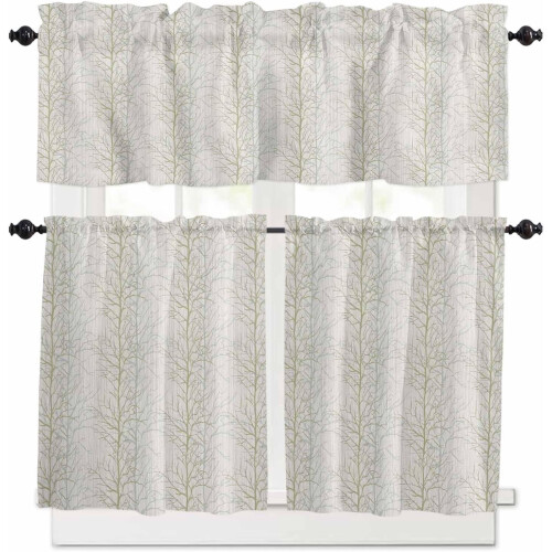 Beige Botanical Kitchen Curtains Set with Rod Pocket 24 inch 1
