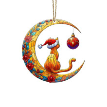 Wooden Black Cat Christmas Ornament with Santa Hat and Scarf