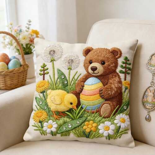 Housse de coussin brodée lapin de Pâques 45 x 45 cm 1