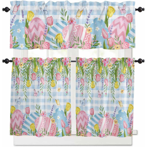 Easter Kitchen Curtains Blue Plaid Floral Eggs 24 inch 1