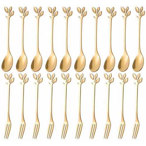 Mini Gold Coffee Spoons and Dessert Forks Set 20-Pc