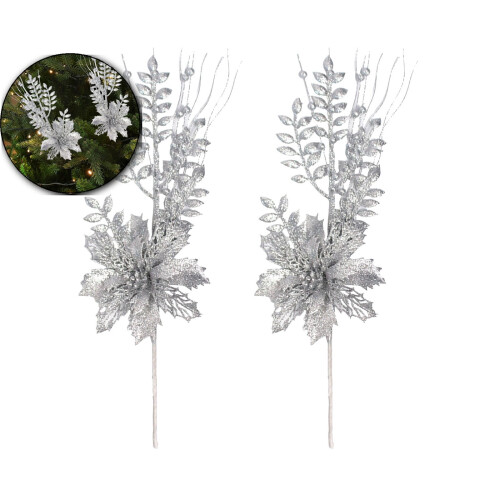 Plastic Simulated Christmas Flowers Silver 2 Pcs