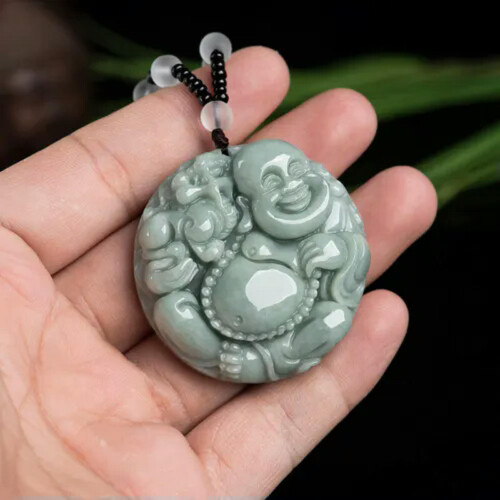 天然A级翡翠玉佛吊坠 绿色大肚笑佛