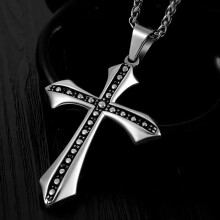 Silver Black Cross Pendant Necklace for Christians 24 inch