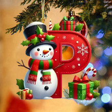 Red Initial Christmas Ornament Acrylic Snowman with Green